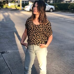 Joie Silk Navy Gold Flower Print Blouse